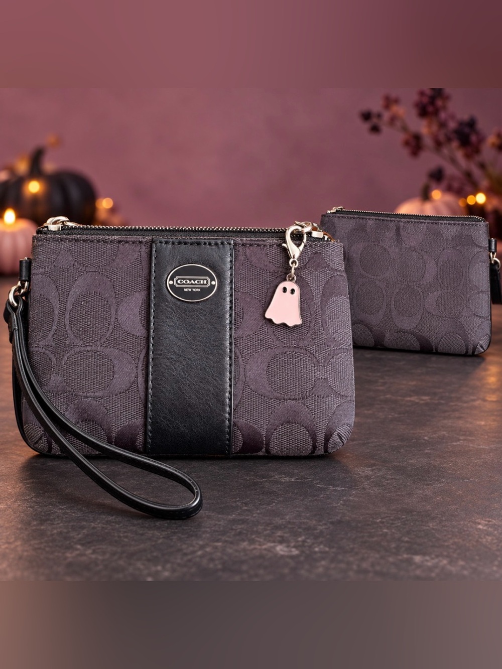 COACH Signature Wristlet with Black Leather Trim